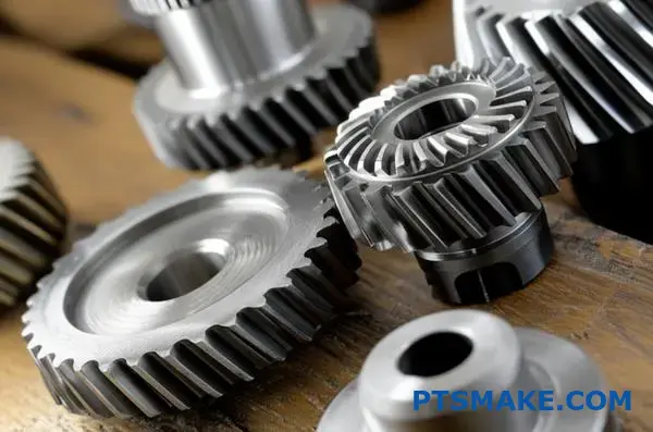 High precision machined gears displaying different manufacturing finishes and driven gear tooth profiles on workshop surface