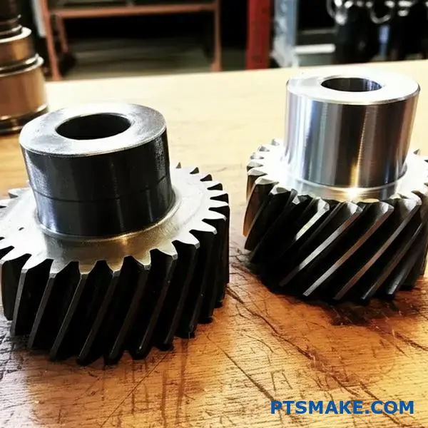 Steel drive gears displaying various heat treatment finishes on workshop table for manufacturing analysis