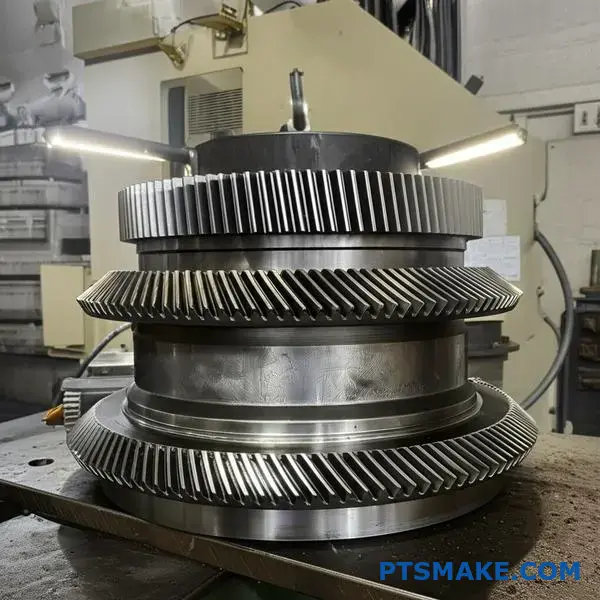 Damaged wind turbine main gear showing premature wear and failure patterns on industrial surface