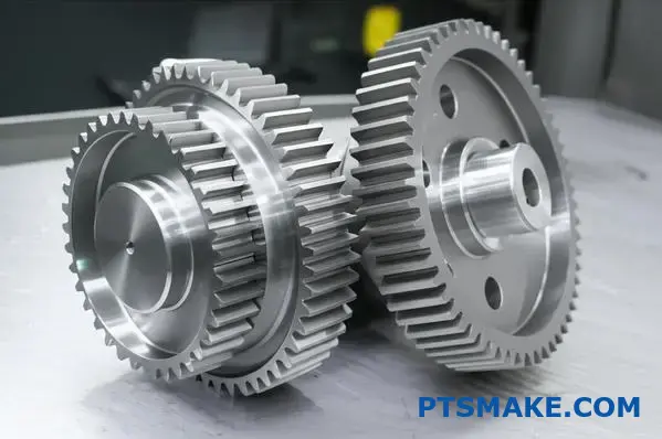 Two precision machined metal gears showing tooth engagement and driven gear mechanics on workshop surface