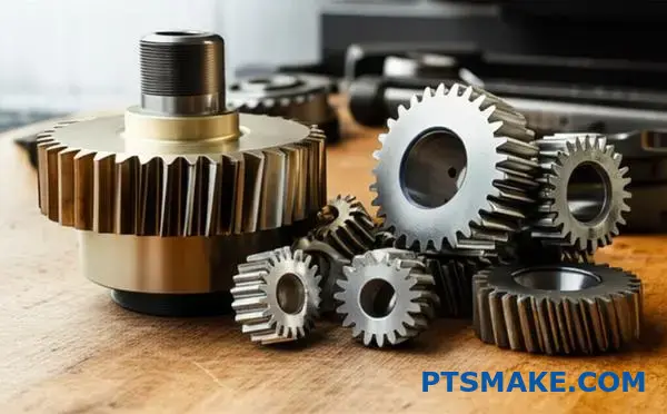 Various precision driven gears showing different materials and finishes demonstrating gear design trade-offs between performance cost and durability