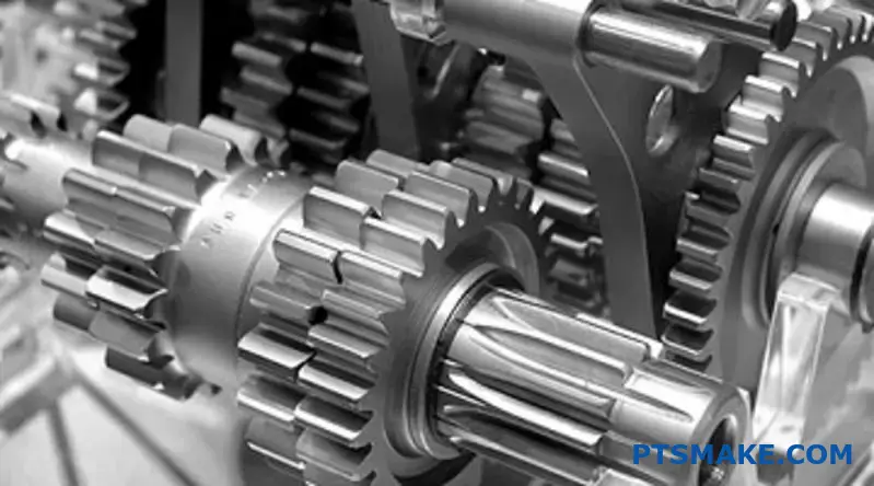 Two interlocking metal gears demonstrating driven gear mechanics and power transmission on workshop table