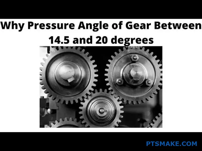 Two precision machined metal gears demonstrating different pressure angles in tooth engagement for force transmission analysis
