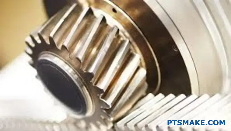 Two meshing gear wheels showing multiple tooth contact points for smooth power transmission analysis