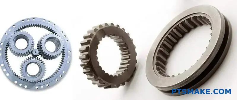 Precision internal and external gears displayed on workbench showing different tooth configurations and design structures