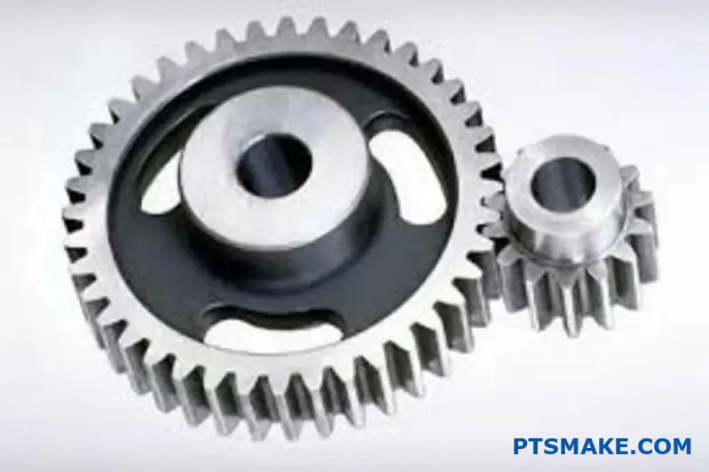 Two metallic spur gears of different sizes meshing together showing driven gear and driving gear relationship for ratio calculation