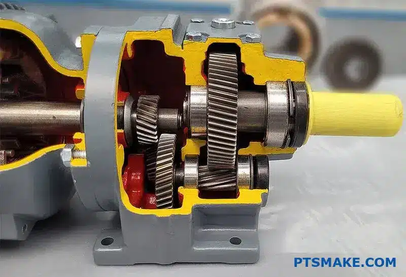 Two precision helical gears meshing together showing gear drive efficiency and smooth power transmission