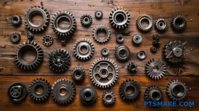 Two precision metal gears with driven gear engagement showing mechanical system components for noise reduction engineering