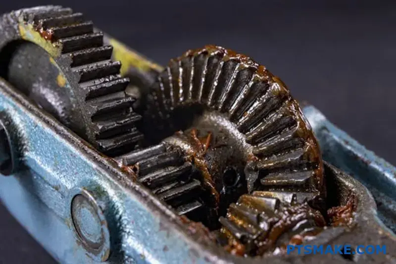 Close-up view of interconnected metal gears with oil lubrication coating the gear teeth and contact surfaces