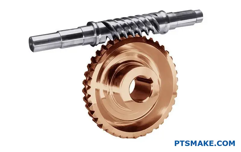 Bronze worm gear meshing with steel wheel gear showing high ratio transmission components on workbench