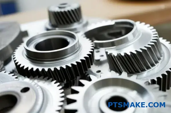 Nahaufnahme von präzisionsgefertigten Zahnrädern mit detaillierten Zahnmustern und reibungslosem Eingriff für mechanische Hochleistungssysteme