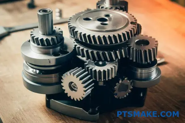 منظر تفصيلي لنظام تخفيض التروس يُظهر التروس المتشابكة ومكونات ناقل الحركة الميكانيكي على سطح الورشة