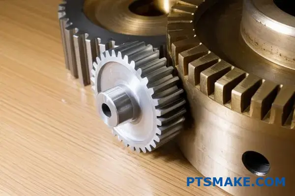 ترسان دقيقان متشابكان معًا يوضحان مبادئ تقليل التروس ومضاعفة عزم الدوران في أنظمة النقل الميكانيكية