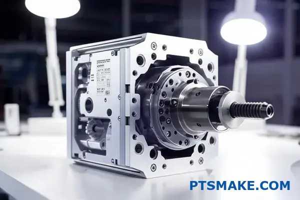 علبة تروس اختزال عالية الدقة تعرض المواصفات الفنية ونسب التروس على طاولة عمل احترافية لتقييم الأداء