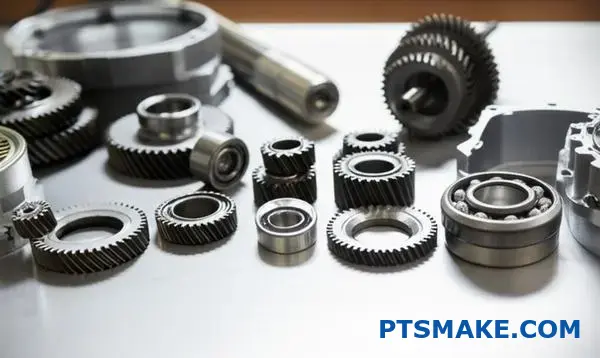 المكونات الميكانيكية الأساسية لتروس الاختزال بما في ذلك الأعمدة والتروس والمحامل وأجزاء المبيت المعروضة على سطح العمل