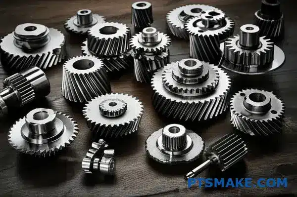 مجموعة من أنواع التروس المختلفة بما في ذلك التروس المحفزة والتروس الحلزونية والتروس المخروطية التي تعرض تصنيفات تروس التخفيض