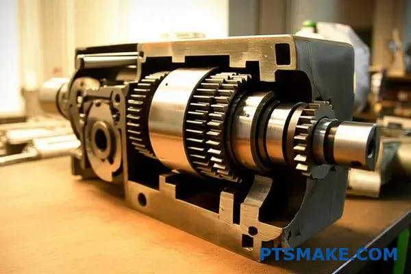 علبة تروس معدنية تُظهر آلية تخفيض التروس الداخلية ومكونات ناقل الحركة على طاولة الورشة