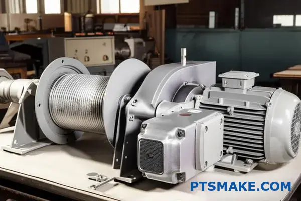 منظر عن قرب لآلية ونش صناعي مع محرك ونظام تخفيض التروس لتطبيقات الرفع