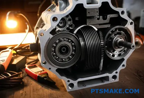 مخفض التروس الصناعي المزود بمعدات تشخيصية لاستكشاف مشاكل الضوضاء والاهتزازات على طاولة العمل وإصلاحها