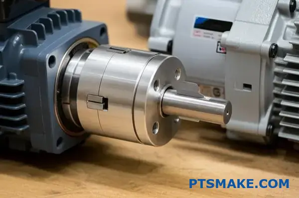 منظر عن قرب للاقتران الدقيق الذي يربط المحرك بنظام علبة تروس التخفيض على طاولة العمل