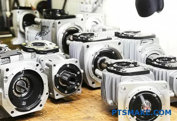 تروس التخفيض المختلفة وأنظمة نقل الحركة المعروضة على جدول الورشة الذي يوضح تصنيفات الكفاءة المختلفة وخيارات التكلفة