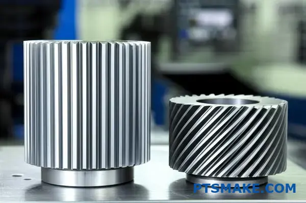 Sammenligning side om side af tandhjulsgear med lige tænder og tandhjulsgear med vinklede tænder viser grundlæggende forskelle i tandstilling og geometri.