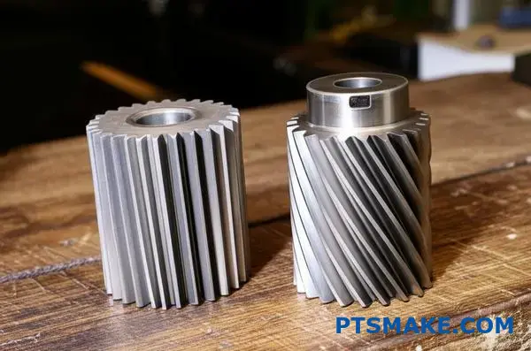 Nærbillede af tandhjul med lige tænder og vinklede tandhjul, der viser forskellige tandindgrebsmønstre på arbejdsbænken