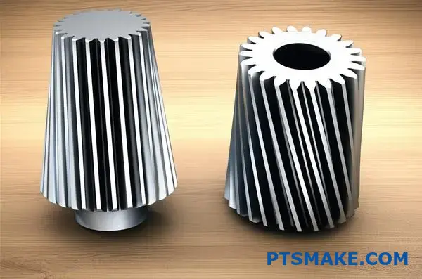 To forskellige typer mekaniske gear, der viser forskelle i tandmønstre mellem lige og vinklede geardesigns