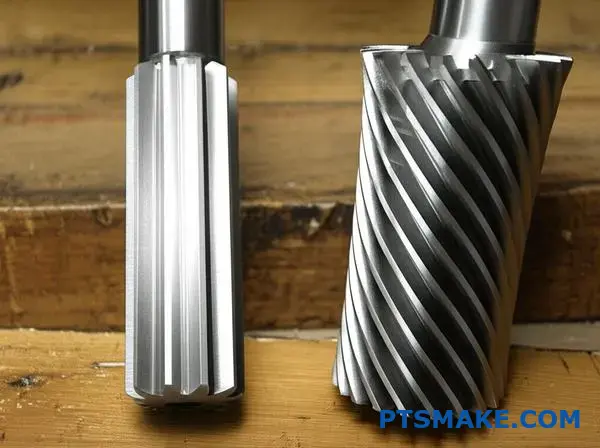 Præcisionsbearbejdede cylindriske og spiralformede tandhjul med forskellige tandgeometrier og fremstillingskompleksitet på værkstedsoverfladen