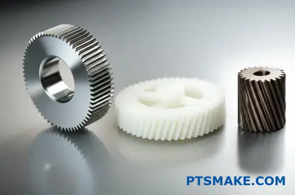 Forskellige præcisionsgear lavet af stål, plast og bronzematerialer udstillet på en skrivebordsoverflade