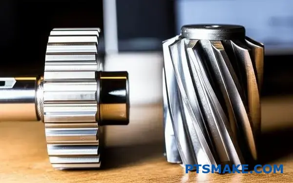 Sammenligning side om side af tandhjul og skrueformede tandhjul med forskellige tandmønstre til støjreducerende tekniske anvendelser