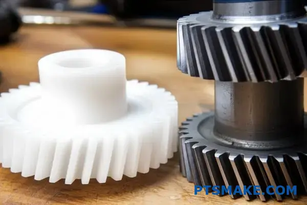 Sammenligning af tandhjul i hvid plast og tandhjul i stål viser forskellige materialer til tandhjulsanvendelser