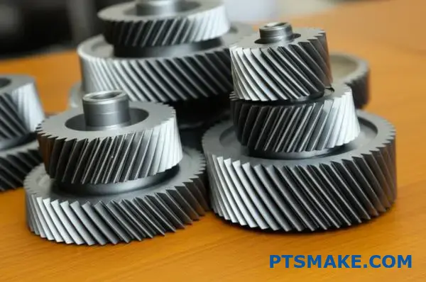 Detailed view of helical gears showing twisted tooth design and geometric parameters for gear manufacturing