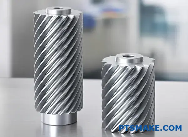 Two precision helical gears displaying varying helix angles for gear design comparison and engineering applications