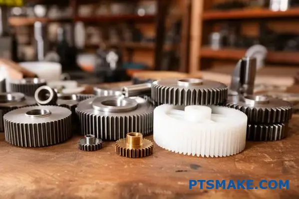 Collection of various gear wheels made from different materials including steel, plastic, and bronze arranged on wooden work surface