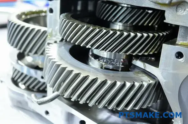 Metal helical gears showing lubrication coating for optimal gear design performance and longevity