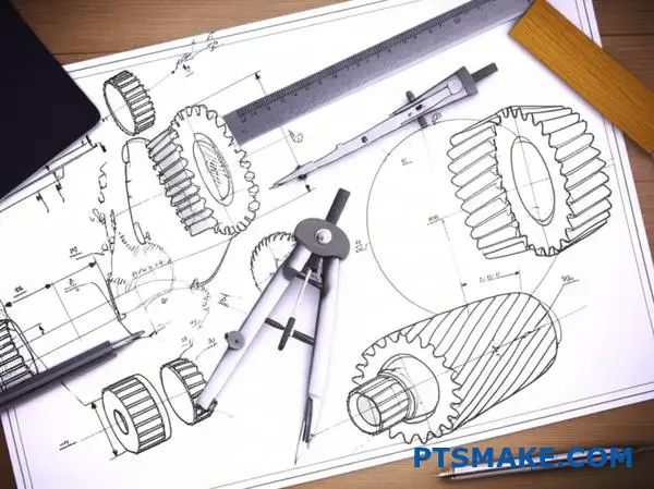 Detailed engineering blueprint showing helical gear specifications with precise measurements and technical annotations on desk