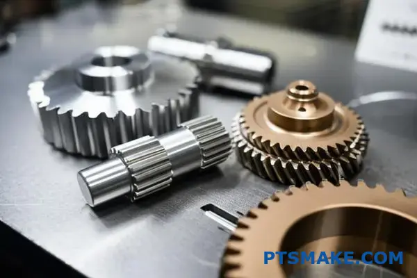 Precision machined metal gears displaying various surface treatment finishes on industrial workbench