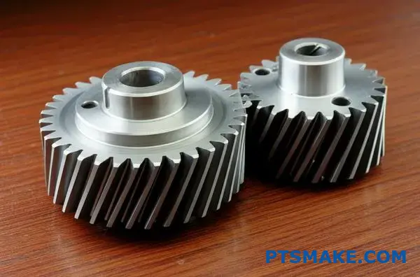 Two meshing helical gears demonstrating geometric design principles for gear ratio and center distance calculations