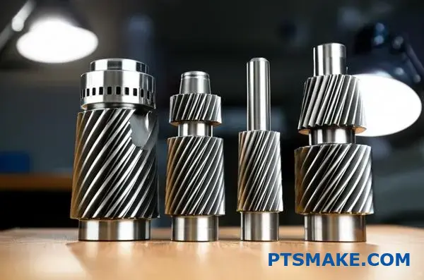 Various steel helical gears displaying different heat treatment finishes and material properties for gear design selection