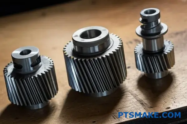 Multiple steel gears showing different quality levels and precision grades for helical gear design applications