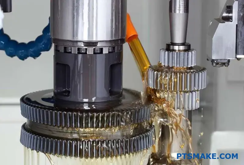 Close-up of CNC Machining Gears with Cutting Fluid