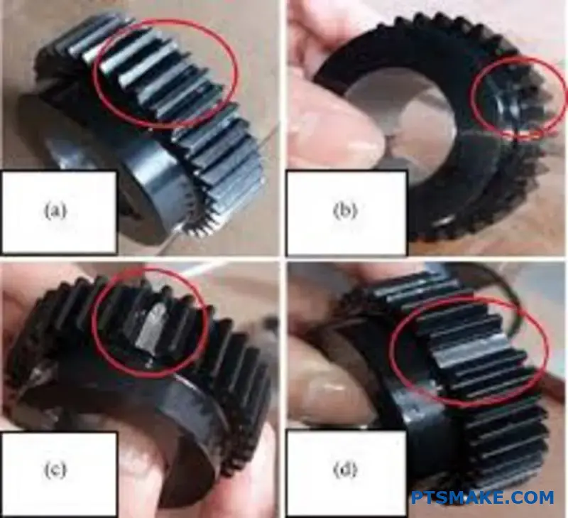 Nahaufnahme eines Präzisionszahnrads, das einen Biege-Ermüdungsbruch mit sichtbarem Riss an der Basis zeigt