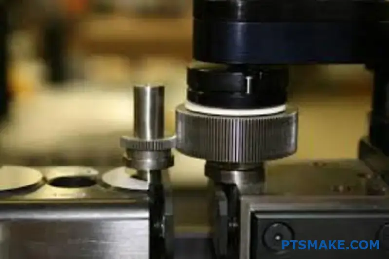 Hochpräzise Metallzahnräder, die auf einem Prüftisch mit detaillierter Zahngeometrie für die Qualitätskontrolle angezeigt werden