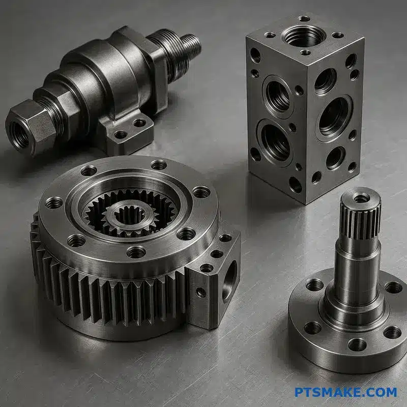 Hochpräzise mechanische Zahnräder und Aluminiumgehäuseteile, die auf der Werkbank für das Management der Wärmeausdehnung ausgestellt sind