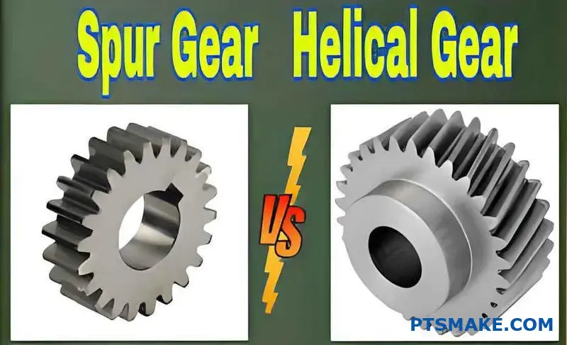 Two precision metal gears displaying different tooth orientations and gear designs for mechanical applications