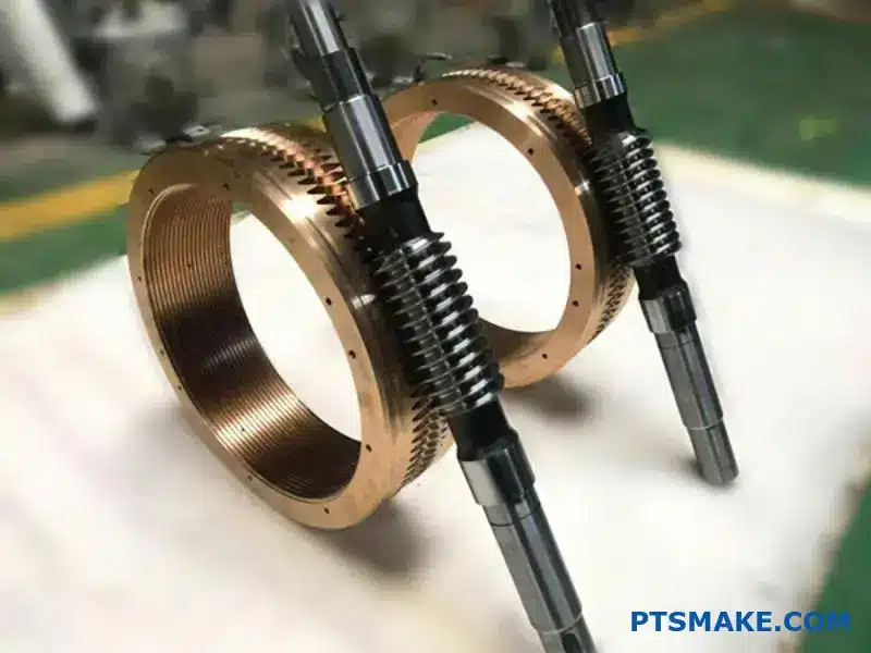 Two Precision Machined Gear Components with Threaded Shafts