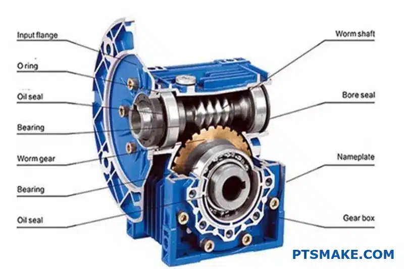 Bronzové šnekové ozubené koleso s oceľovým ozubeným kolesom zobrazujúce mechanizmus účinnosti šnekového ozubeného kolesa na pracovnej ploche