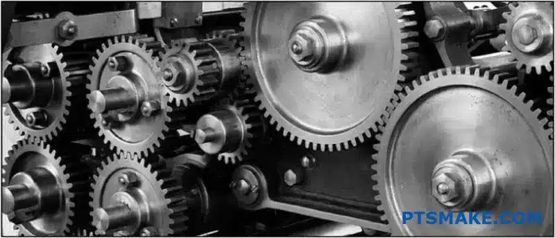 To præcise tandhjul, der griber ind i hinanden, viser tandhjulenes kontaktkræfter og indgrebsmekanik