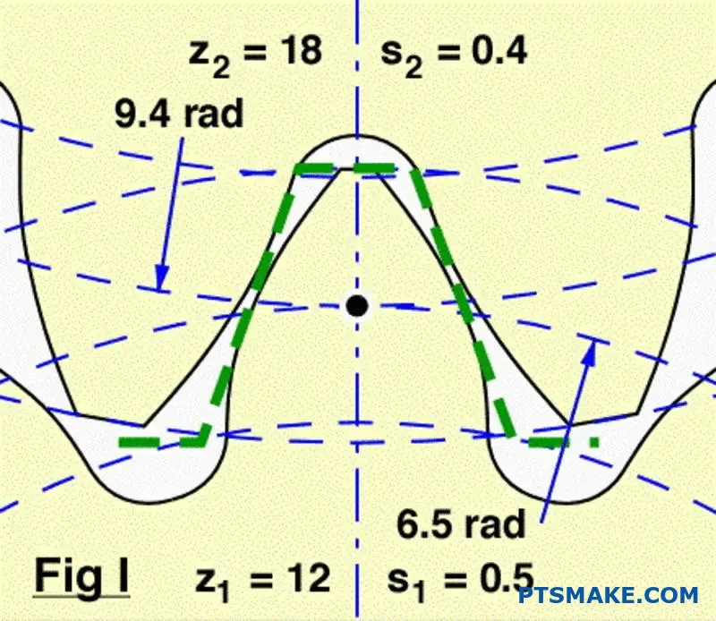 Nærbillede af to tandhjul i indgreb, der viser tandkontakt og indgreb på arbejdsbænk